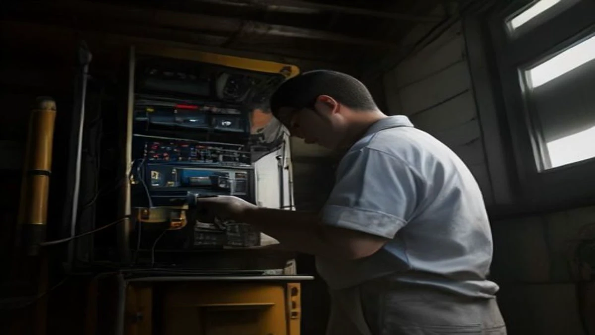 Technician plugging a network cable into a mining machine in a clean facility